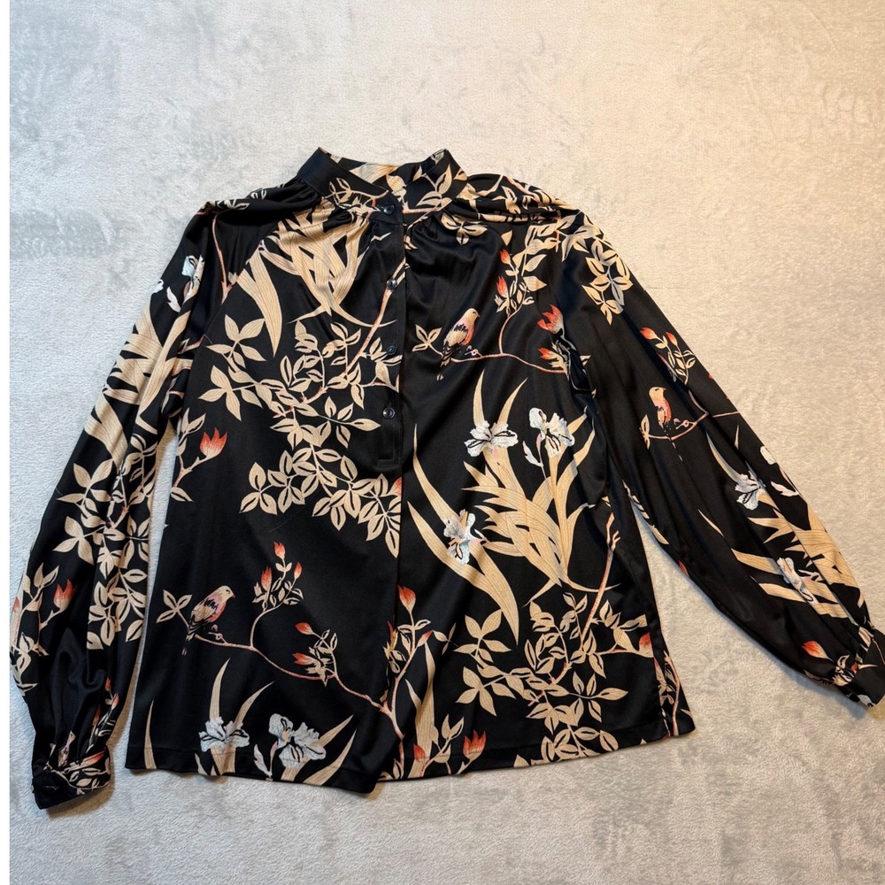 Vintage 70s Dark Floral Womens Black Bird Print Mock Neck Botanical silky light